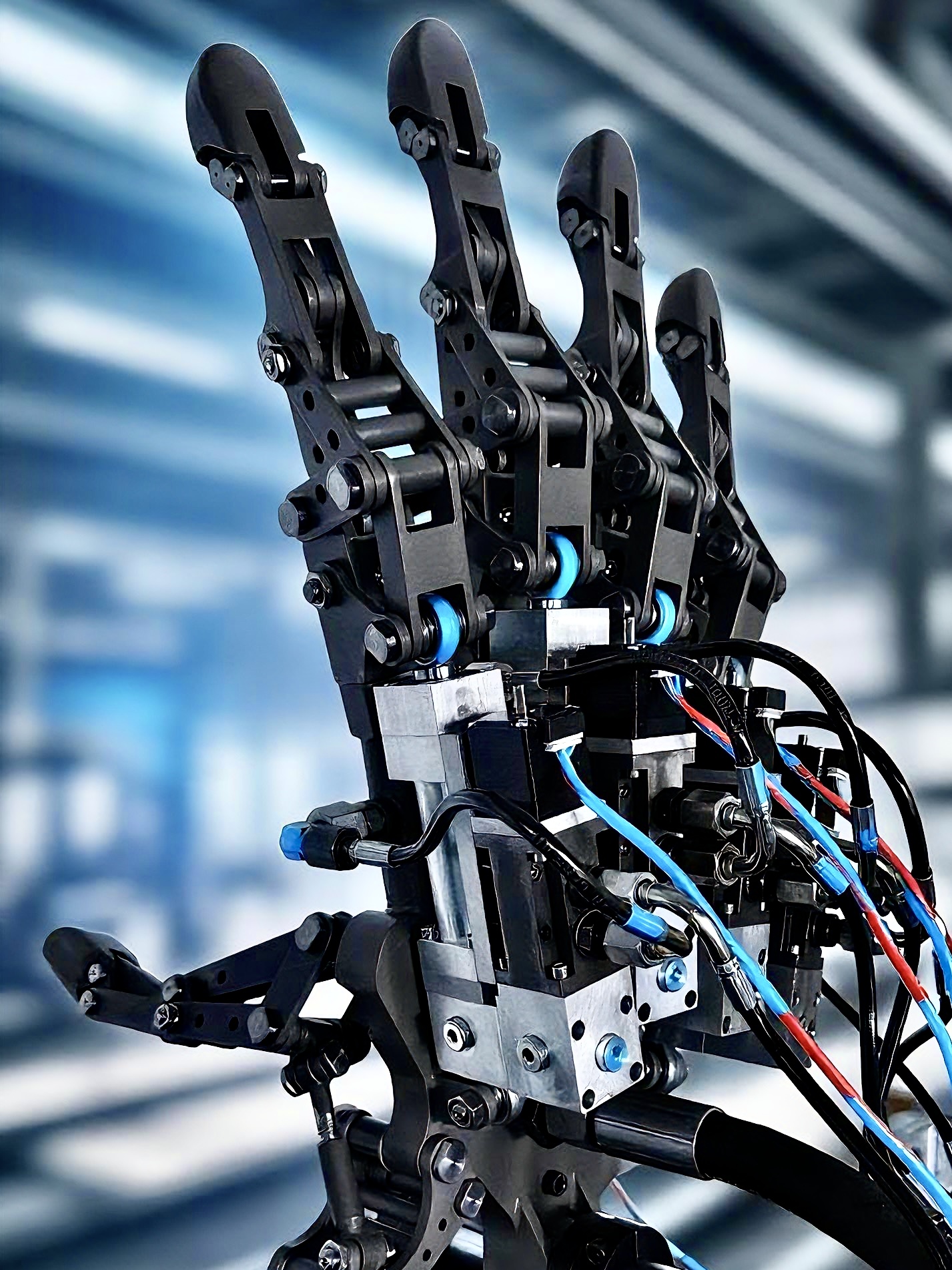 Close-up of robot joint showing hybrid hydraulic and electric components